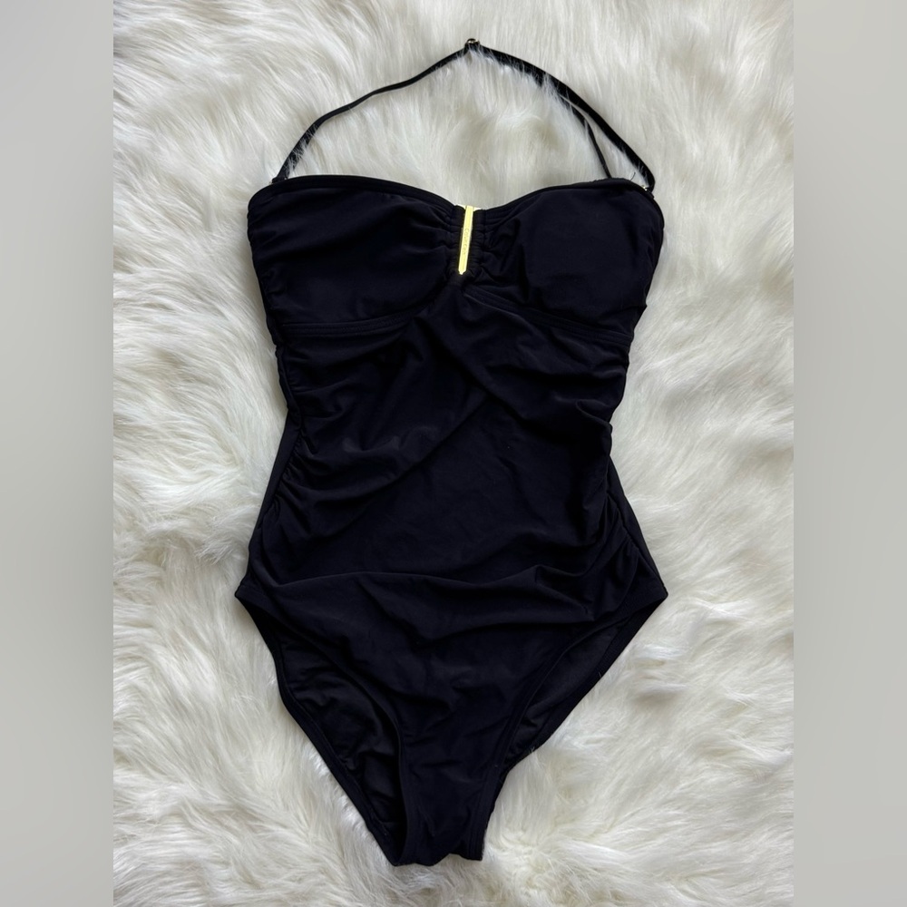 Calvin Klein Black Ruched Gold hook detail One Piece Swimsuit Slimming
